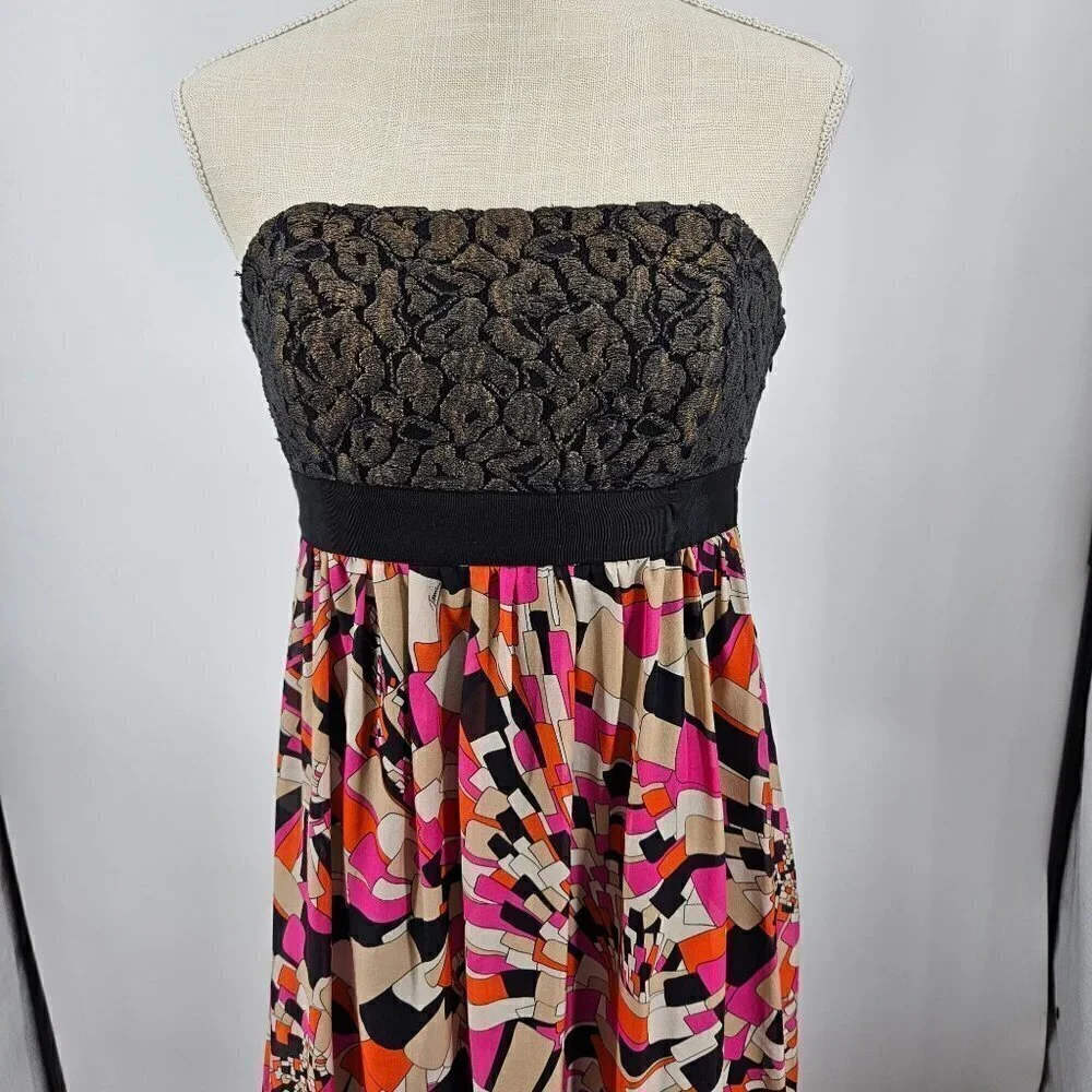 Trina Turk Silk Geometric Floral Jacquard Strapless Maxi Dress Women's 8 Preppy